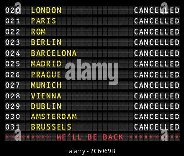 Affichage des informations de vol indiquant les vols annulés en raison de l'arrêt de corona, affichant le message nous reviendrons Illustration de Vecteur