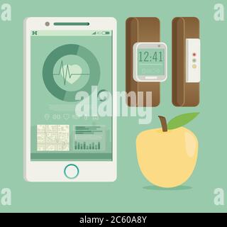 Smart Watch avec application Fitness pour la santé. Synchronisation des périphériques. Test d'intégrité Illustration à plat Illustration de Vecteur