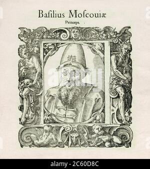 Portrait de l'empereur russe Vasily III Ivanovich. Par Tobias Stimmer, 1575 le cadre est composé de quatre parties. Deux allégories du paganisme sont le dipi Banque D'Images