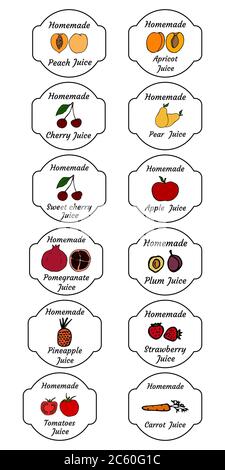 Ensemble d'étiquettes de jus maison aux fruits et aux baies. Modèle de conception de style de motif de motif de style de motif de motif de motif Illustrations vectorielles transparentes dessinées à la main. Illustration de Vecteur