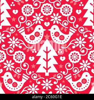 Motif vectoriel scandinave sans couture de Noël avec oiseaux et fleurs en blanc sur rouge, art populaire nordique, conception textile Illustration de Vecteur