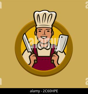 Logo ou étiquette du boucher. Chef avec illustration vectorielle de couteaux Illustration de Vecteur