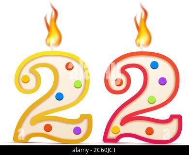 Vingt-deux ans anniversaire, 22 nombre en forme de bougie d'anniversaire avec feu isolé sur blanc Illustration de Vecteur
