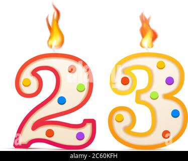 Vingt-trois ans anniversaire, 23 numéro en forme de bougie d'anniversaire avec feu sur blanc Illustration de Vecteur