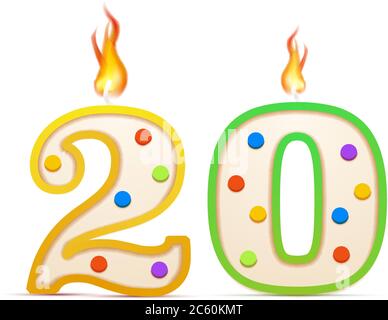 Vingt ans anniversaire, 20 numéro en forme de bougie d'anniversaire avec feu sur blanc Illustration de Vecteur