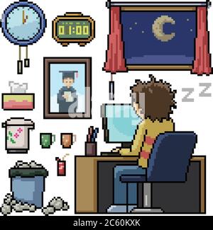 pixel art set isolé homme travail heures supplémentaires Illustration de Vecteur