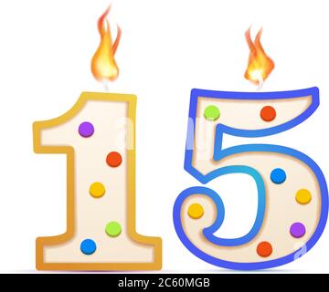 Quinze ans anniversaire, 15 numéro en forme de bougie d'anniversaire avec feu sur blanc Illustration de Vecteur