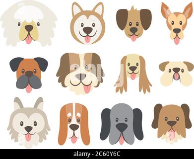 Collection visages pour chiens. Jolis visages de chien de dessin animé avec leur langue à l'extérieur. Ensemble d'icônes d'avatar. Illustration vectorielle. Illustration de Vecteur