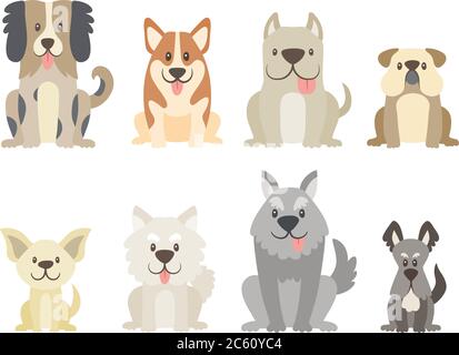 Collection de différents types de chiens isolés sur fond blanc. Chiens mignons de style dessin animé assis en position de vue avant. Illustration vectorielle. Illustration de Vecteur