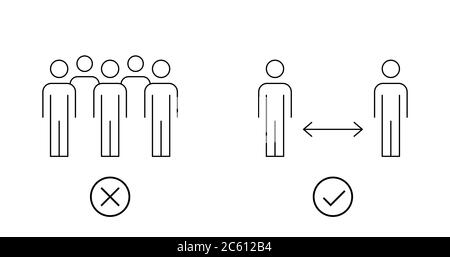 Éviter le signe de surpeuplement. Gardez une distance. Directives de sécurité du coronavirus. Groupe de personnes vs deux personnes pratique la distanciation sociale.Contour noir sur blanc Illustration de Vecteur