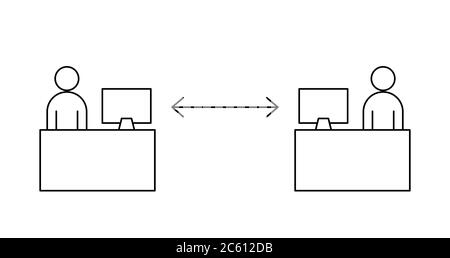 Distanciation sociale sur le lieu de travail. Deux personnes assises à un bureau, à une distance suffisante. Coronavirus, Covid-19, mesures de sécurité. Contour noir Illustration de Vecteur