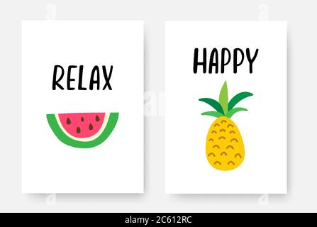 Ensemble d'affiches A4 pour l'été avec lettres dessinées à la main. Banderoles de vacances d'été avec pastèque et ananas. Design tropical créatif pour le Web, l'impression, Illustration de Vecteur