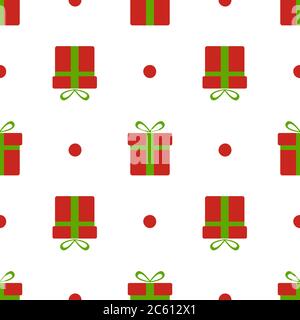 Motif boîtes-cadeaux de Noël. Boîtes de Noël rouges avec noeud vert et neige isolée sur fond blanc. Présentez un motif sans couture. Nouvelle année de conception. Vecteur i Illustration de Vecteur