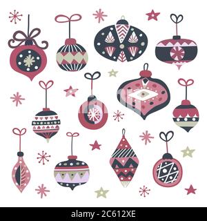 Motif boules de Noël. Boules de Noël dessinées à la main avec décoration géométrique. Modèle de carte de Noël. Décoration de vacances d'hiver. Illustration vectorielle. Illustration de Vecteur