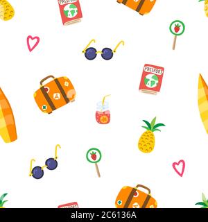 Motif été de voyage avec ananas dessiné à la main, lunettes de soleil, valise, coeurs roses, passeport, cocktail, loglipop, planche de surf. Vecteur moderne Illustration de Vecteur