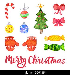 Éléments décoratifs de Noël et du nouvel an à motif aquarelle vectorielle. Ensemble de motifs Merry Christmas dessinés à la main. Sapin de Noël, boules. Vecteur Illustration de Vecteur