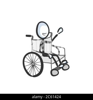 Désactiver la personne handicapée en fauteuil roulant. Vector simple patient de l'hôpital. Stickman pas de visage clipart dessin animé. Dessiné à la main. Dessin Doodle, graphique Illustration de Vecteur