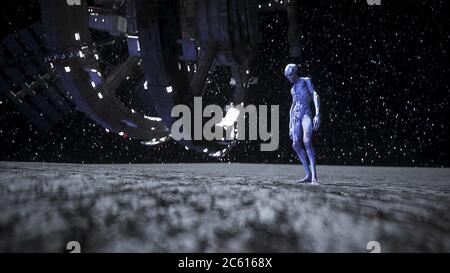 Extraterrestre sur la lune. Concept d'OVNI. rendu 3d. Banque D'Images