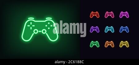 Icône de contrôleur de jeu Neon. Signe de joystick Neon, jeu de manette sans fil pour console de jeu dans des couleurs vives. Appareil de jeu vidéo, gadget de cybersport. Je brille Illustration de Vecteur