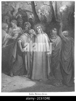Judas trahit Jésus avec un baiser [Marc 14:45-46] du livre 'Galerie biblique' illustré par Gustave Dore avec mémoire de Dore et lettre-presse descriptive par Talbot W. Chambers D.D. Publié par Cassell & Company Limited à Londres et simultanément par Mame à Tours, France en 1866 Banque D'Images