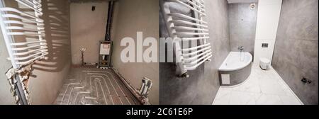 Comparaison de l'ancienne salle de bains avec des tuyaux de chauffage au sol et de nouvelles toilettes avec porte-serviettes chauffant, baignoire et cuvette de toilettes. Toilettes avec bain avant et après rénovation. Concept de rénovation Banque D'Images