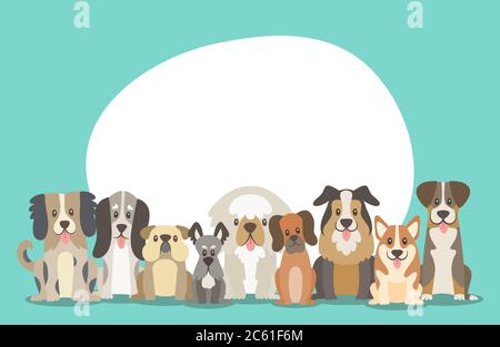 Troupeau de chiens assis en position de vue avant. Illustration d'arrière-plan avec espace blanc arrondi en haut pour ajouter du texte. Illustration vectorielle. Illustration de Vecteur
