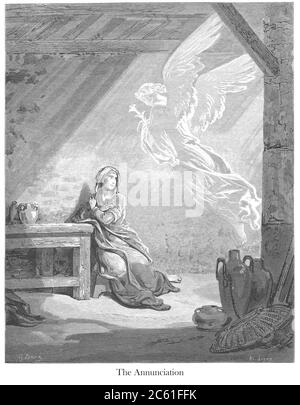 L'Annonciation [Luc 1:26-28] du livre 'Galerie de la Bible' illustré par Gustave Dore avec mémoire de Dore et lettre-presse descriptive par Talbot W. Chambers D.D. Publié par Cassell & Company Limited à Londres et simultanément par Mame à Tours, France en 1866 Banque D'Images