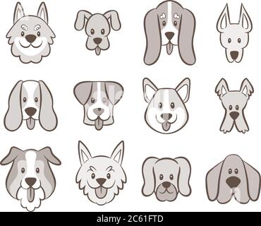 Collection visages de chien dessinés à la main. Icône d'avatar définie isolée sur blanc. Illustration vectorielle. Illustration de Vecteur