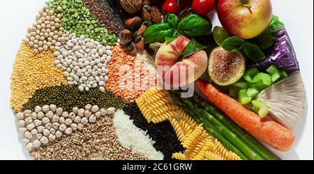 bannière de cercle des ingrédients et produits de base des légumes. céréales, légumineuses, légumes frais et fruits, huiles, graines et noix. alimentation saine équilibrée i Banque D'Images