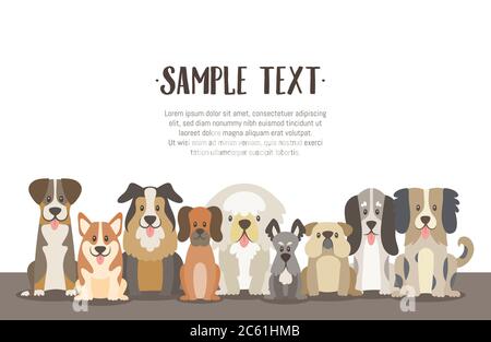 Illustration de l'arrière-plan du troupeau de chiens avec un exemple de texte en haut. Chiens assis en position vue avant. Illustration vectorielle. Illustration de Vecteur
