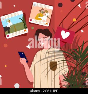 Femme utiliser un smartphone regarder les médias sociaux statut son ami tenant la chèvre avec le style de dessin animé plat. Illustration de Vecteur