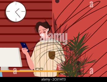 Femme souriante jouant smartphone en face de l'usine d'ordinateur et horloges murales à proximité avec le style de dessin animé plat. Illustration de Vecteur