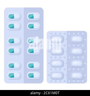 Autocollant antibiotiques sur fond blanc isolé. Plaquette de pilules pour bannière sociale, poster médical, modèle web ou imprimé en tissu. Logo de la pharmacie ou Illustration de Vecteur