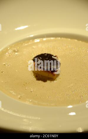 Foie gras de canard à la truffe sur une soupe crémeuse aux champignons. Le foie gras est une spécialité populaire et bien connue de la cuisine française. Banque D'Images