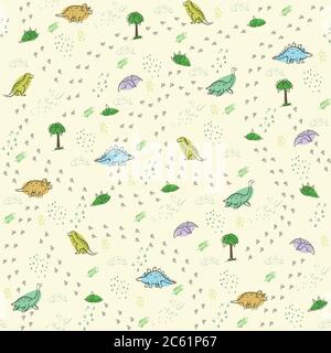 Joli motif sans coutures dinosaures. Drôle de dessin animé dino. Motif caniche dessiné à la main pour enfant. Illustration pour les enfants dessinés à la main pour les vêtements de mode Illustration de Vecteur