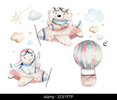 Aquarelle ballon ensemble bébé dessin animé mignon pilote aviation illustration. Ballons de transport de ciel avec girafe et éléphant, koala, ours et oiseau, nuages Banque D'Images