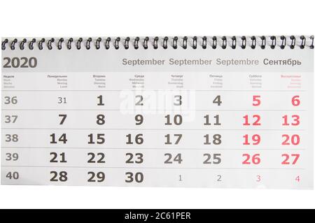 Calendrier septembre 2020, le concept d'un calendrier de bureau à couche plate isolé sur un fond blanc. Banque D'Images