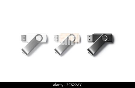 Maquette de clé usb noir, blanc et bois vierge, vue de dessus Banque D'Images