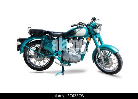 Classic Royal Enfield moto isolée sur blanc Banque D'Images