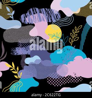 Motif sans coutures avec nuages, éléments floraux et graphiques Illustration de Vecteur