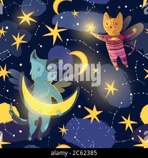 Motif vectoriel sans couture pour les enfants avec chien de fée, chat, lune, étoiles et constellations. Illustration de Vecteur