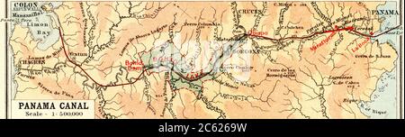 Carte montrant le canal de Panama, une voie navigable artificielle qui relie l'océan Atlantique à l'océan Pacifique. Le canal traverse l'isthme du Panama. De l'Encyclopédie des affaires et conseiller juridique, publié en 1907. Banque D'Images