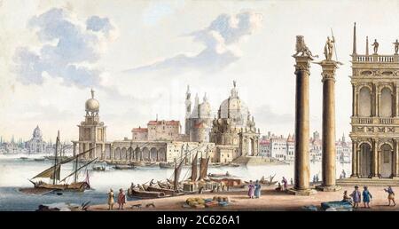 Vue sur Santa Maria della Salute depuis la place Saint-Marc, Venise, Italie. Après une aquarelle peinte vers 1700 par Jan van Call dans la collection du Rijksmuseum, Amsterdam, pays-Bas. Banque D'Images