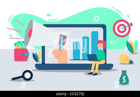 illustration promotionnelle en forme de plat avec main tenant le mégaphone hors de l'ordinateur portable - dessin animé de concept de diffusion Illustration de Vecteur