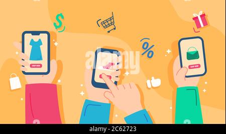 illustration magasin en ligne dans la conception plate - concept ecommerce dans la caricature - main tenant le téléphone à main ouvrir l'application de boutique en ligne Illustration de Vecteur