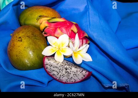 Encore la vie composée de dragon, deux mangues et fleurs frangipani, disposés sur un tissu bleu royal Banque D'Images