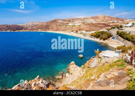 Elia Beach vue aérienne Vue panoramique à partir de la sur l'île de Mykonos, Cyclades en Grèce Banque D'Images