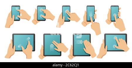 Gestes de l'écran tactile. Mains sur l'écran tactile multipoint du smartphone et de la tablette. Pincez pour zoomer, balayez et cliquez sur ensemble d'illustrations vectorielles de gestes Illustration de Vecteur