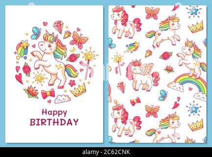 Carte de vœux Magic Cute unicorn. Modèle de vecteur de dessin animé Illustration de Vecteur