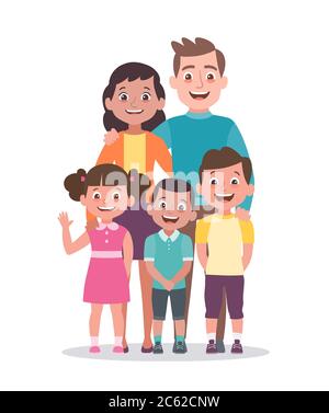 Portrait de famille. Père, mère, fille et fils. Portrait sur toute la longueur des membres de la famille debout ensemble. Illustration vectorielle en iso de style dessin animé Illustration de Vecteur
